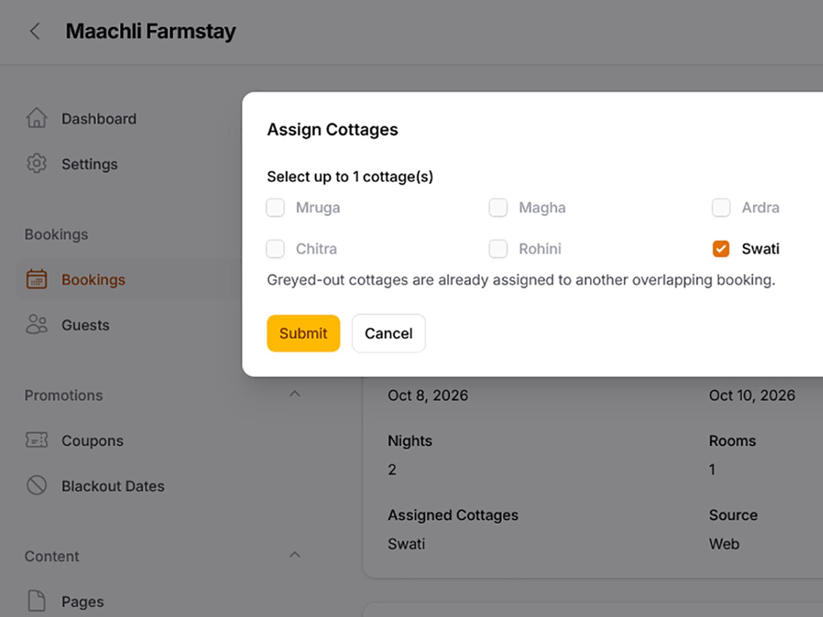 Admin Booking Cottage Assignment Page